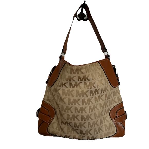 Michael Kors Saddle Brown Leather Medium Hobo Shoulder Bag Tote Jacquard Canvas - Picture 1 of 11